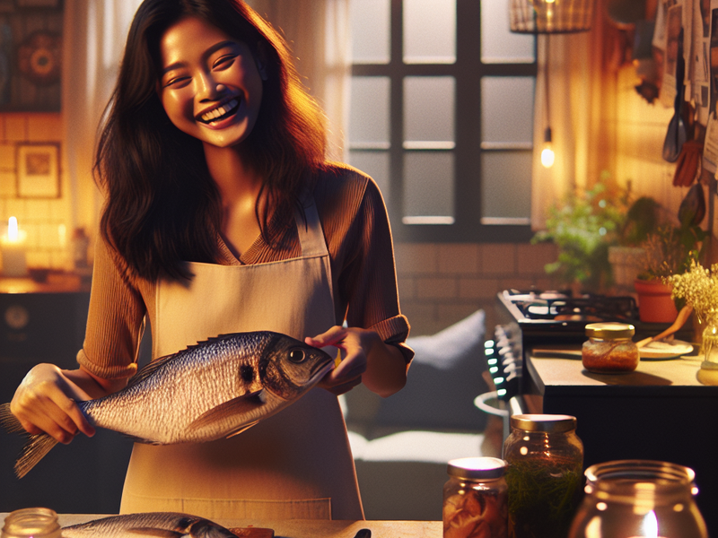 Pessoa cozinhando peixe em casa