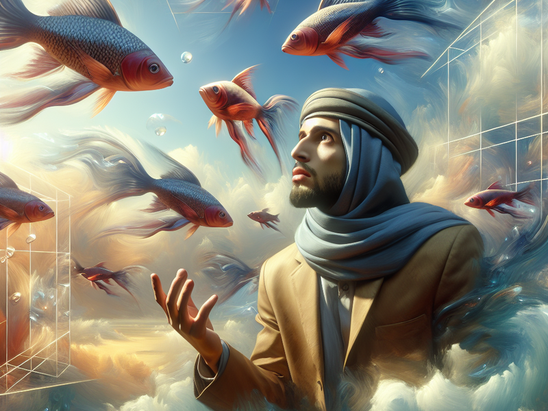 Pessoa em estado de sonho rodeada por peixes
