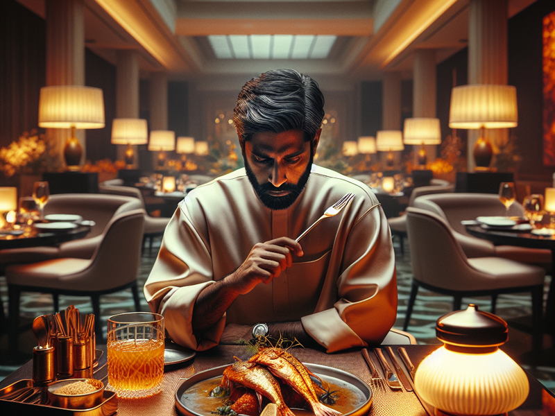 Pessoa em restaurante chique comendo peixe