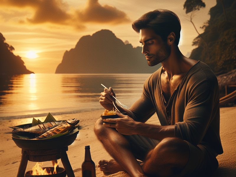 Pessoa apreciando peixe na praia